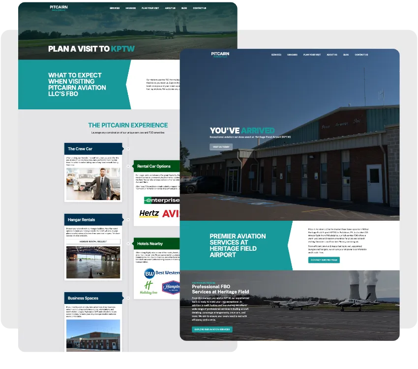 Two screenshots Pitcairn Aviation website